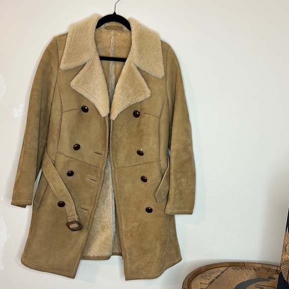 Jackets & Blazers - Womens Tan Shearling Coat with Belt